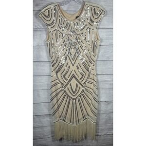 BABEYOND Women's Sequin Fringe Vintage Style 20s Dress M Beige Silver